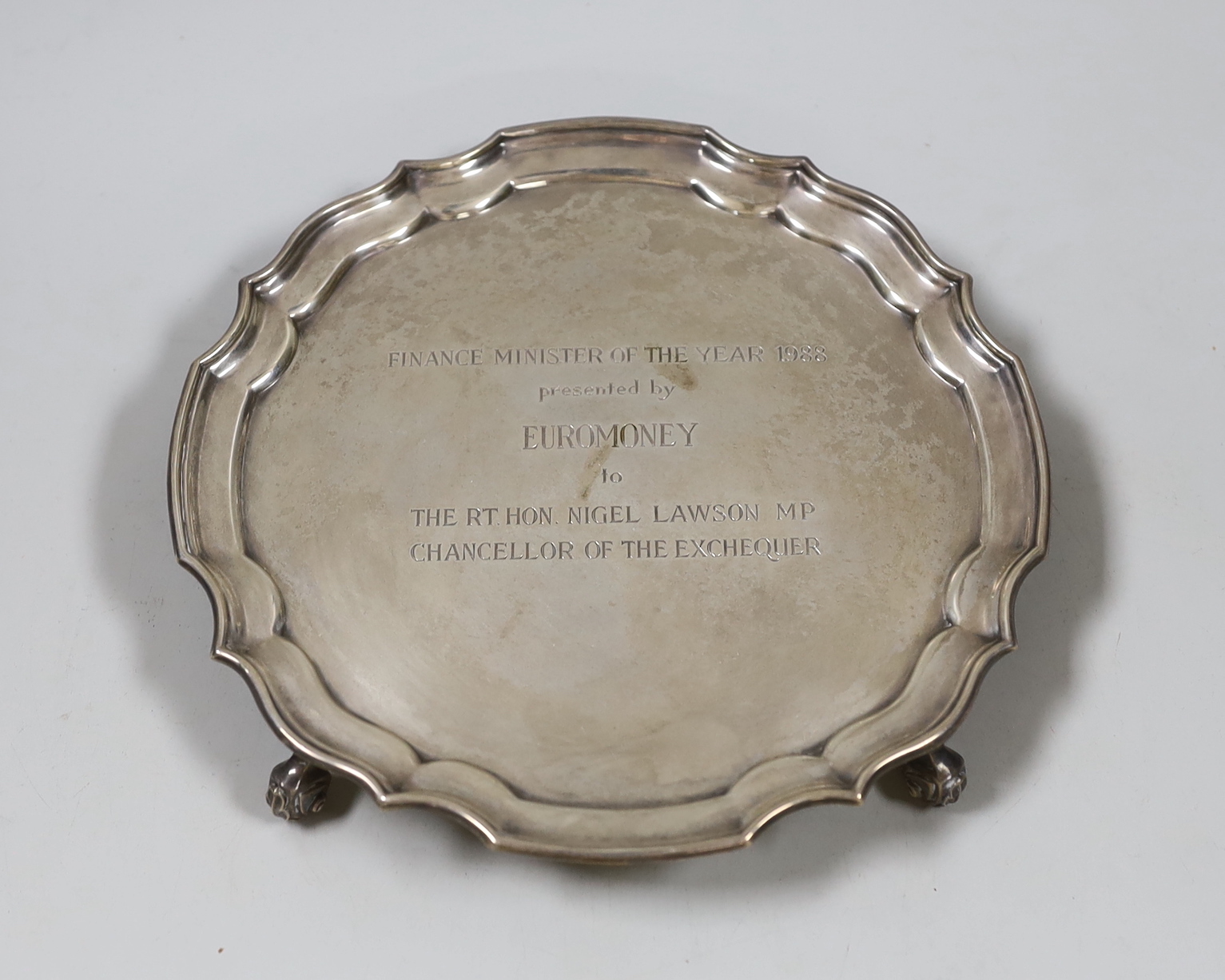 A modern circular silver waiter, A. Marston & Co, Birmingham, 1986, with engraved inscription, 20.6cm, 11.9oz., NB: From the Estate of Rt Hon Lord Lawson of Blaby